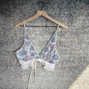 Crop Top Womens Small White Blue Boho Paisley Tie Front Ruffle‎ Cami Bralette